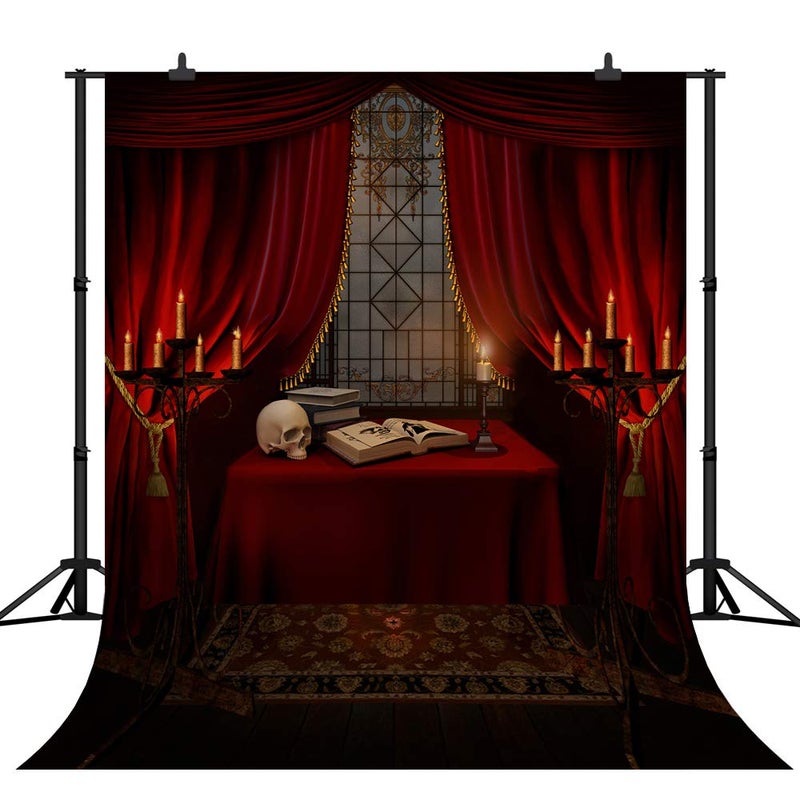 CapiSco 5X7FT Halloween Backdrop Nightmare Before Christmas Backgrounds for Baby Shower Portrait Indoor Night Antique Study Red Curtain Terror Skull Photo Studio Backdrop Party Decorations SCO87 - Image 1
